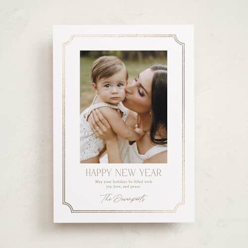 This is a snow foil pressed holiday cards with foil pressed by Yaling Hou Suzuki called holiday elegance printing on recycled smooth signature in standard