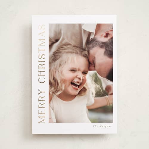 This is a cotton foil pressed holiday cards with foil pressed by Angela Thompson called gilded merry printing on recycled smooth signature in standard