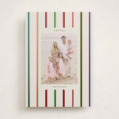 This is a champagne foil pressed holiday cards with foil pressed by Baumbirdy called colorful stripes printing on recycled smooth signature in standard