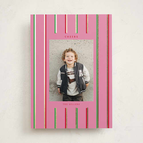 This is a peony foil pressed holiday cards with foil pressed by Baumbirdy called colorful stripes printing on recycled smooth signature in standard