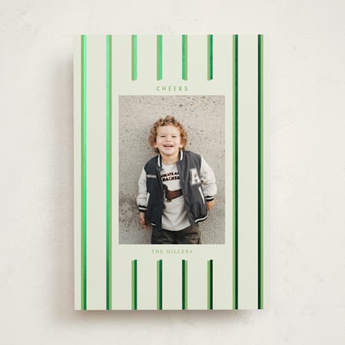 This is a mint foil pressed holiday cards with foil pressed by Baumbirdy called colorful stripes printing on recycled smooth signature in standard