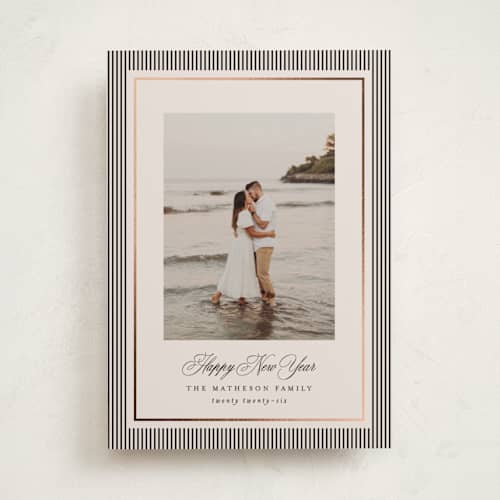 This is a linen foil pressed holiday cards with foil pressed by Kelly Schmidt called striped elegance printing on recycled smooth signature in standard