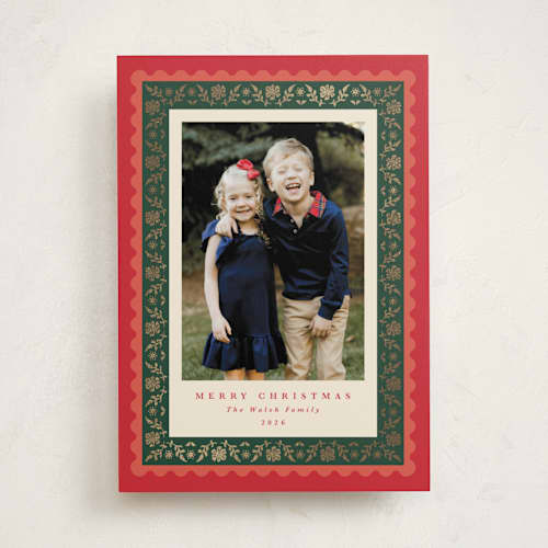 This is a holly berry foil pressed holiday cards with foil pressed by Olivia Raufman called folkloric printing on recycled smooth signature in standard