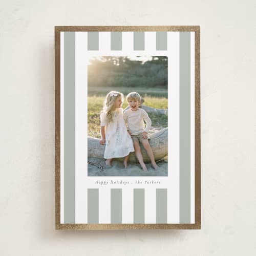 This is a sage foil pressed holiday cards with foil pressed by Angela Thompson called linen stripes printing on recycled smooth signature in standard