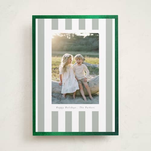 This is a sage foil pressed holiday cards with foil pressed by Angela Thompson called linen stripes printing on recycled smooth signature in standard