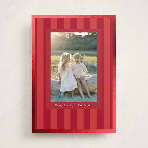 This is a poinsettia foil pressed holiday cards with foil pressed by Angela Thompson called linen stripes printing on recycled smooth signature in standard