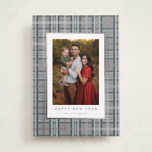 This is a frost foil pressed holiday cards with foil pressed by Kristie Kern called plaid shimmer printing on recycled smooth signature in standard