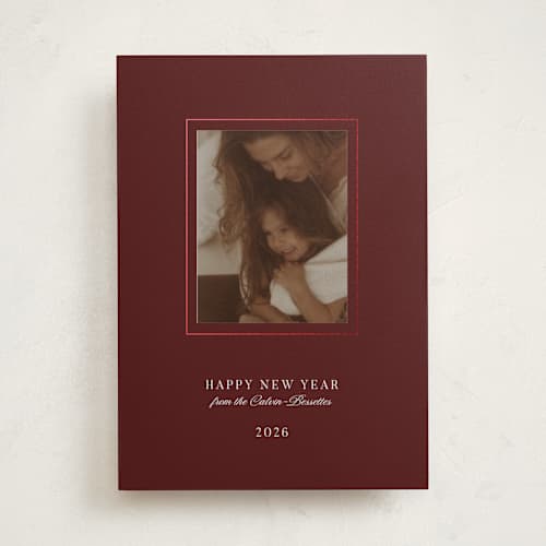 This is a wine foil pressed holiday cards with foil pressed by Studio Suku called gold frame printing on recycled smooth signature in standard