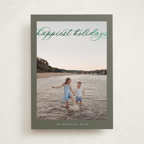 This is a moss foil pressed holiday cards with foil pressed by Nicole Walsh called serene printing on recycled smooth signature in standard