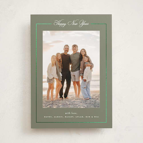 This is a sage foil pressed holiday cards with foil pressed by Melanie Kosuge called greenwich printing on recycled smooth signature in standard