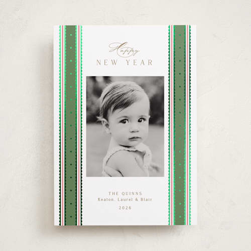 This is a wreath foil pressed holiday cards with foil pressed by Susan Zinader called swiss dot ribbon printing on recycled smooth signature in standard