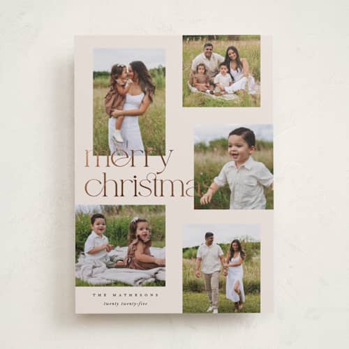 This is a linen foil pressed holiday cards with foil pressed by Kelly Schmidt called happy overlap printing on recycled smooth signature in standard