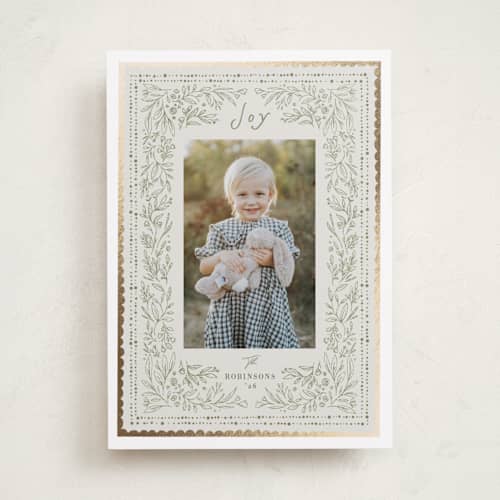 This is a moss foil pressed holiday cards with foil pressed by Hannah Williams called mixed frame floral printing on recycled smooth signature in standard