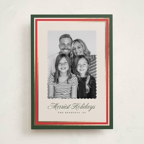 This is a spruce foil pressed holiday cards with foil pressed by Erica Krystek called festive frame printing on recycled smooth signature in standard