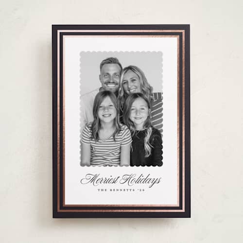 This is a midnight foil pressed holiday cards with foil pressed by Erica Krystek called festive frame printing on recycled smooth signature in standard