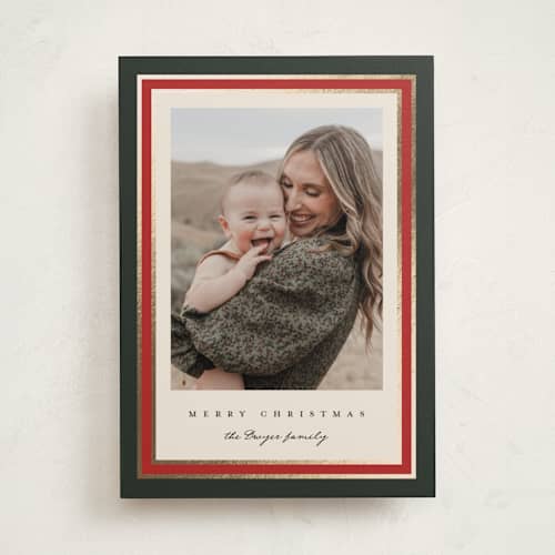 This is a wreath foil pressed holiday cards with foil pressed by Emily Sabol Goss called linear frame printing on recycled smooth signature in standard