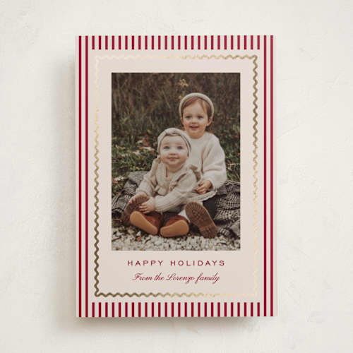 This is a berry foil pressed holiday cards with foil pressed by Kelly Schmidt called squiggle border printing on recycled smooth signature in standard