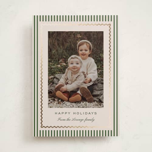 This is a cedar foil pressed holiday cards with foil pressed by Kelly Schmidt called squiggle border printing on recycled smooth signature in standard