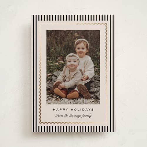 This is a coal foil pressed holiday cards with foil pressed by Kelly Schmidt called squiggle border printing on recycled smooth signature in standard