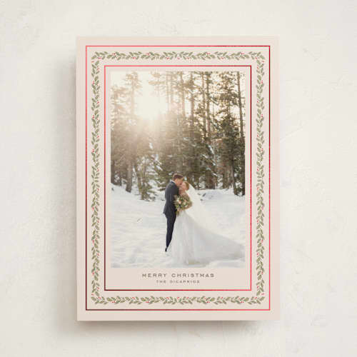 This is a eggnog foil pressed holiday cards with foil pressed by Creo Study called holly garland frame printing on recycled smooth signature in standard
