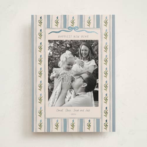 This is a blue jay foil pressed holiday cards with foil pressed by Creo Study called hand-drawn vintage garden printing on recycled smooth signature in standard