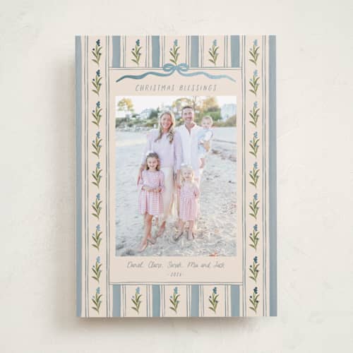 This is a blue jay foil pressed holiday cards with foil pressed by Creo Study called hand-drawn vintage garden printing on recycled smooth signature in standard