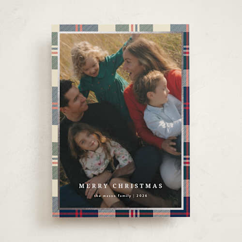 This is a champagne foil pressed holiday cards with foil pressed by Ilene Guy called traditionally plaid printing on recycled smooth signature in standard