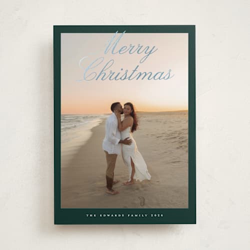 This is a spruce foil pressed holiday cards with foil pressed by Nicole Walsh called modern script printing on recycled smooth signature in standard