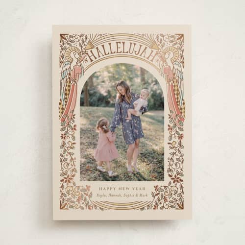 This is a sandy foil pressed holiday cards with foil pressed by Becky Nimoy called angels arch printing on recycled smooth signature in standard