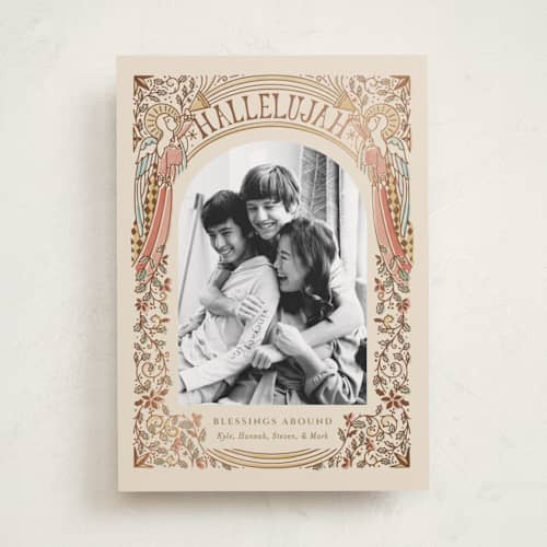 This is a sandy foil pressed holiday cards with foil pressed by Becky Nimoy called angels arch printing on recycled smooth signature in standard