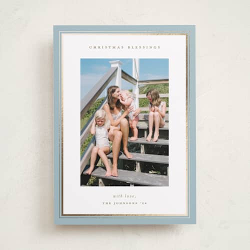 This is a sky foil pressed holiday cards with foil pressed by Christy Hy Lee called clean frame printing on recycled smooth signature in standard