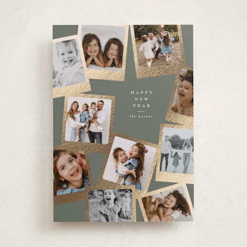 This is a sage foil pressed holiday cards with foil pressed by Lori Wemple called snapshots printing on recycled smooth signature in standard