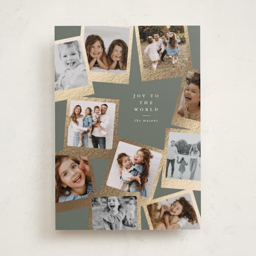 This is a sage foil pressed holiday cards with foil pressed by Lori Wemple called snapshots printing on recycled smooth signature in standard