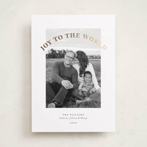 This is a frost foil pressed holiday cards with foil pressed by Michelle Taylor called joy arch printing on recycled smooth signature in standard