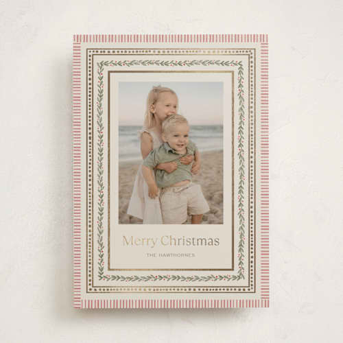 This is a vanilla foil pressed holiday cards with foil pressed by Lori Wemple called holiday pattern frame printing on recycled smooth signature in standard