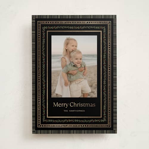 This is a noir foil pressed holiday cards with foil pressed by lori jacobs wemple called holiday pattern frame printing on recycled smooth signature in standard