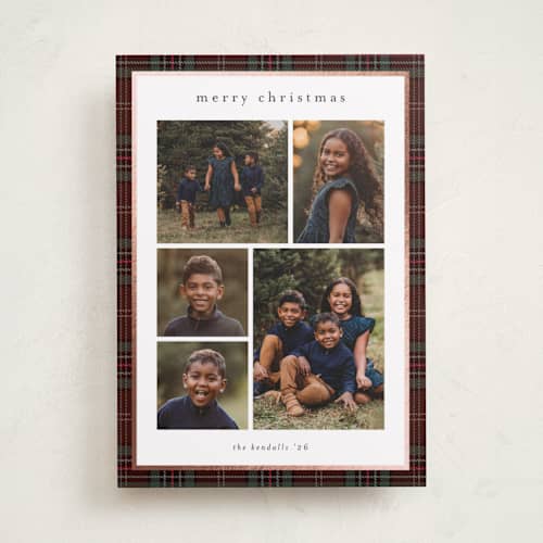 This is a burgundy foil pressed holiday cards with foil pressed by Stacey Meacham called plaid collage printing on recycled smooth signature in standard