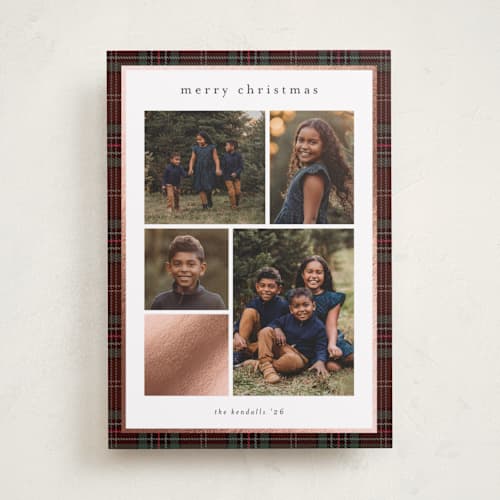 This is a burgundy foil pressed holiday cards with foil pressed by Stacey Meacham called plaid collage printing on recycled smooth signature in standard