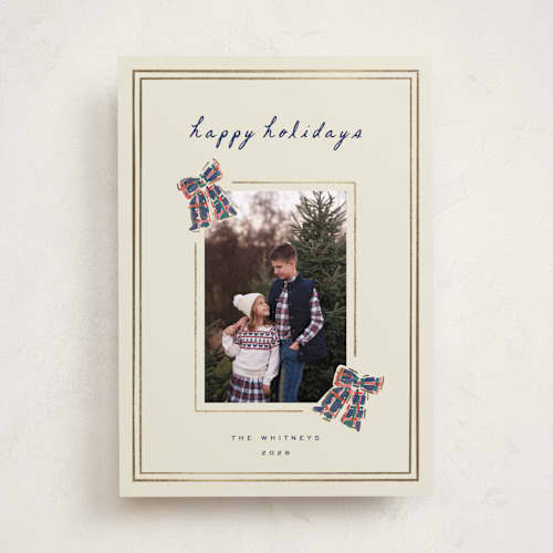 This is a navy foil pressed holiday cards with foil pressed by Sarah Rosenthal called plaid trimmed printing on recycled smooth signature in standard