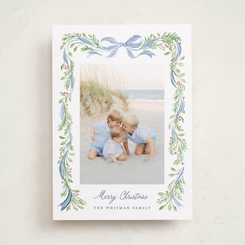 This is a coastal foil pressed holiday cards with foil pressed by Sarah Knight called striped bow printing on recycled smooth signature in standard