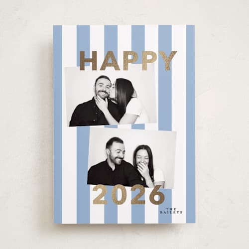 This is a periwinkle foil pressed holiday cards with foil pressed by Angela Thompson called bold stripe printing on recycled smooth signature in standard