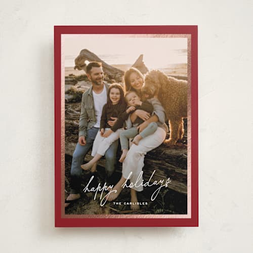 This is a carmine foil pressed holiday cards with foil pressed by chocomocacino called krafne printing on recycled smooth signature in standard