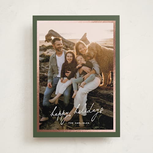 This is a avocado foil pressed holiday cards with foil pressed by chocomocacino called krafne printing on recycled smooth signature in standard