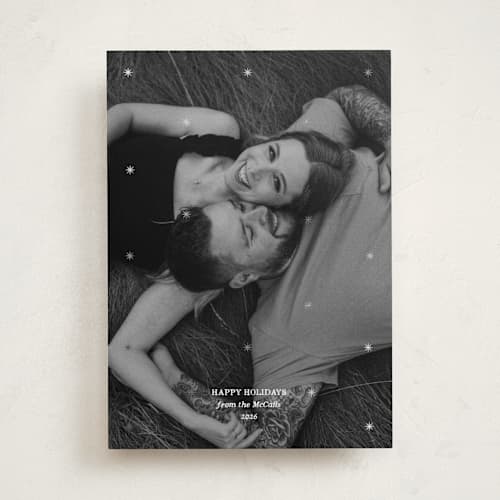 This is a snow foil pressed holiday cards with foil pressed by Studio Suku called starry nights printing on recycled smooth signature in standard