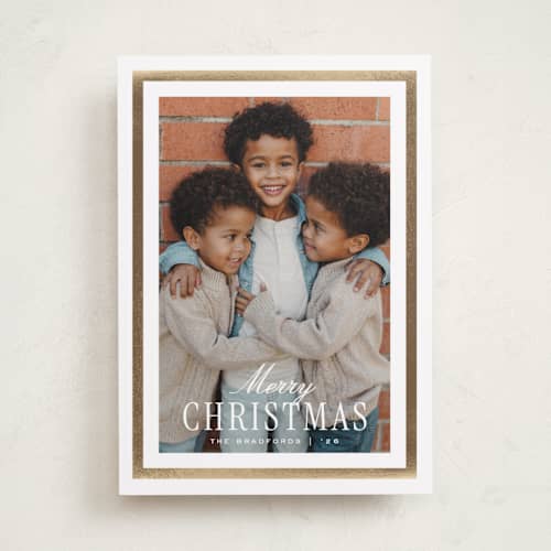 This is a snow foil pressed holiday cards with foil pressed by Amy Kross called harper printing on recycled smooth signature in standard