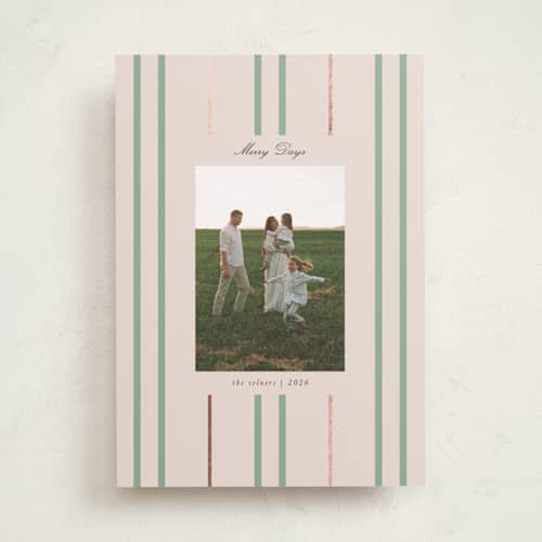 This is a sage foil pressed holiday cards with foil pressed by Morgan Kendall called picture rail printing on recycled smooth signature in standard