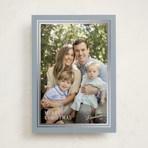 This is a blue jay foil pressed holiday cards with foil pressed by Creo Study called gilded frame printing on recycled smooth signature in standard