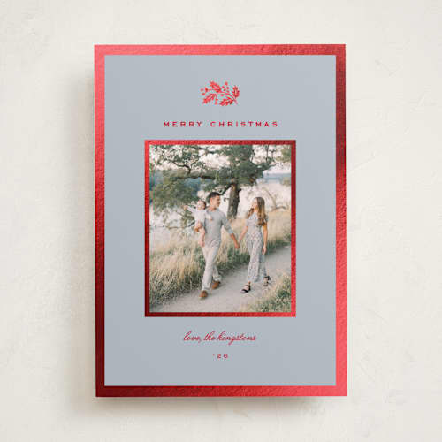 This is a wintermint foil pressed holiday cards with foil pressed by Amy Kross called oliver printing on recycled smooth signature in standard
