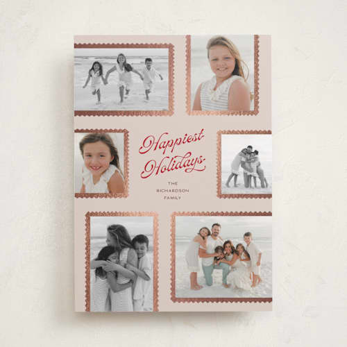 This is a chardonnay foil pressed holiday cards with foil pressed by Pixel and Hank called patchwork printing on recycled smooth signature in standard