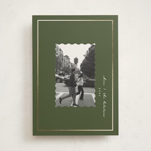 This is a moss foil pressed holiday cards with foil pressed by Corinne Malesic called modern heirloom printing on recycled smooth signature in standard